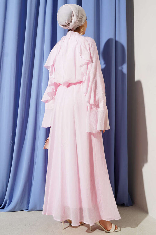 Önü Fırfır Detaylı Etekli İkili Takım Pembe