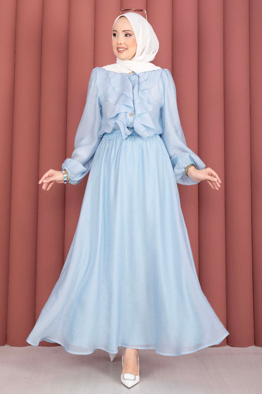 Ensemble modest fashion hijab avec jupe à volants, bleu bébé