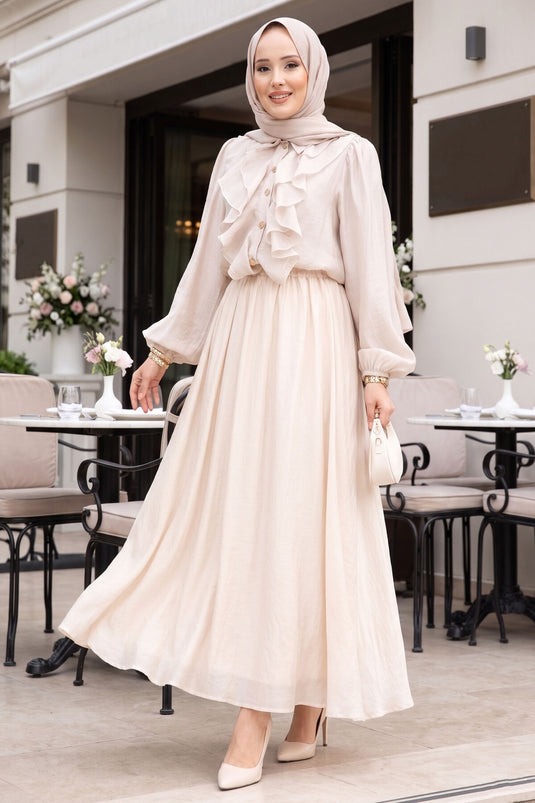 Completo Tesettür con Gonna a Balze Beige