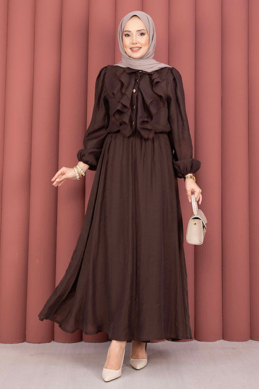 Modest Set with Ruffled Front and Skirt, Brown