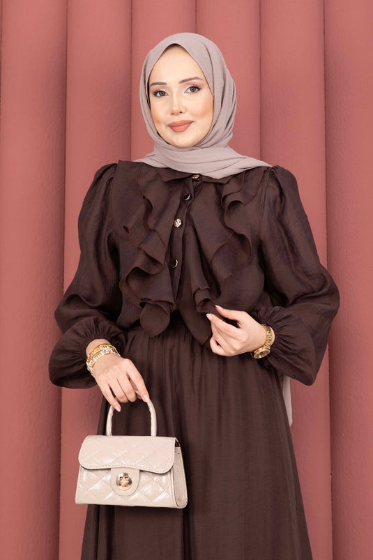 Modest Set with Ruffled Front and Skirt, Brown