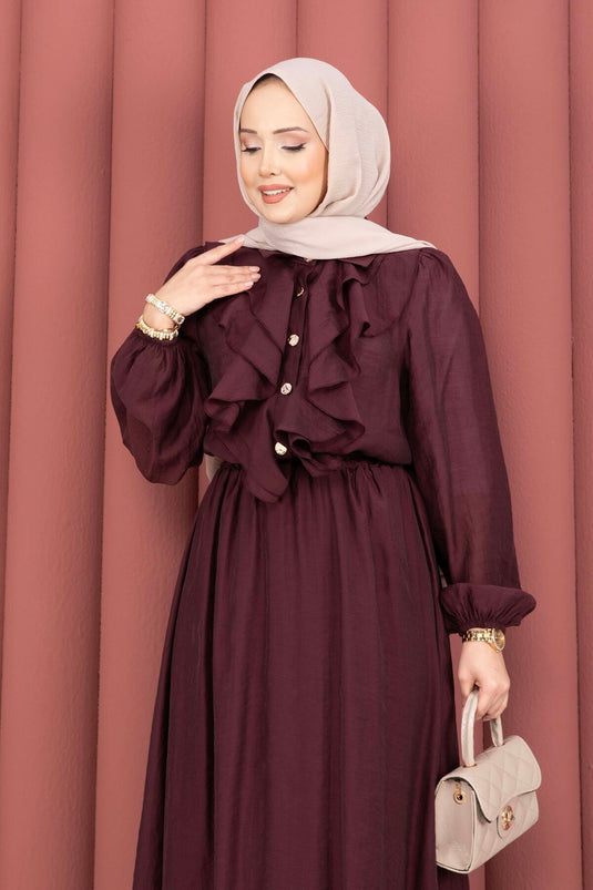 Modest Fashion Set with Ruffled Front Skirt in Burgundy