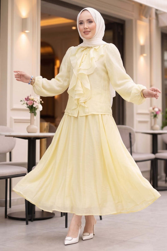 Modest Set with Ruffled Front and Skirt, Yellow