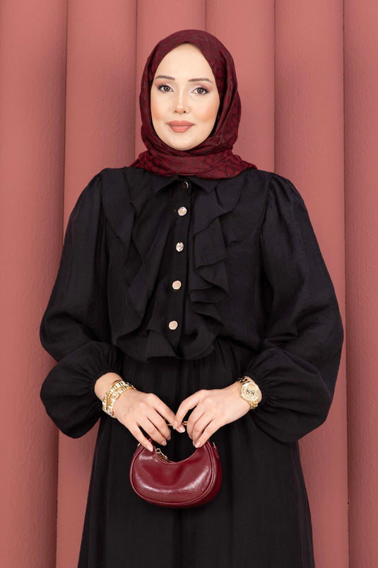 Modest Set with Ruffled Front and Skirt Black