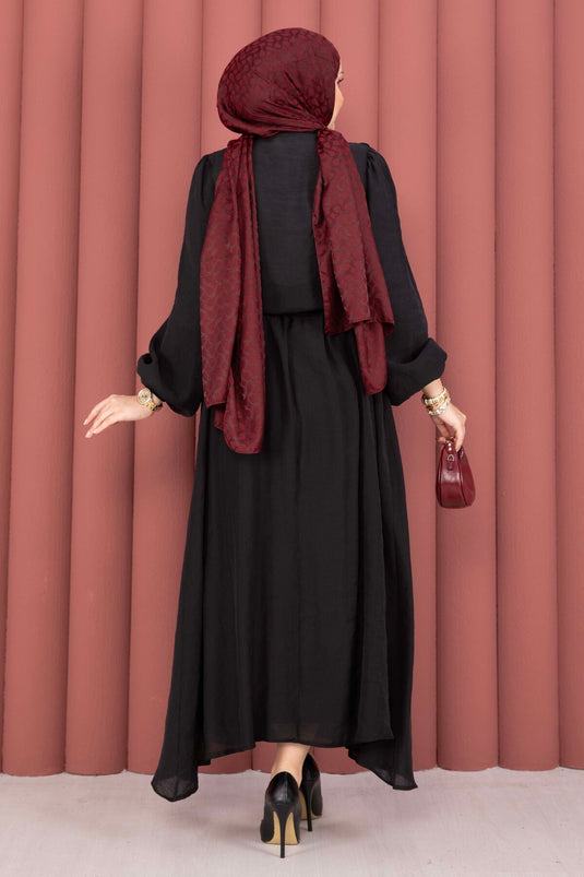 Modest Set with Ruffled Front and Skirt Black