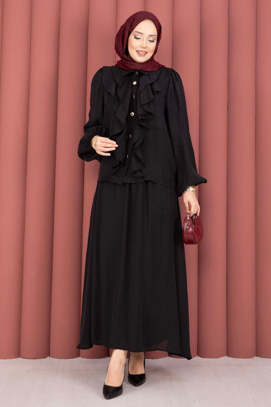 Modest Set with Ruffled Front and Skirt Black