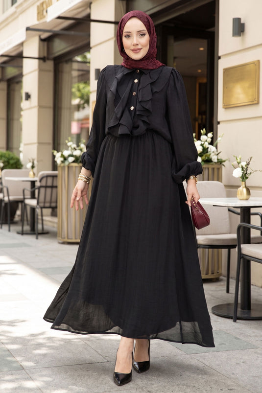 Modest Set with Ruffled Front and Skirt Black