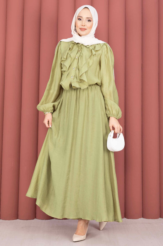 Modest Set with Ruffled Front and Skirt in Olive Green