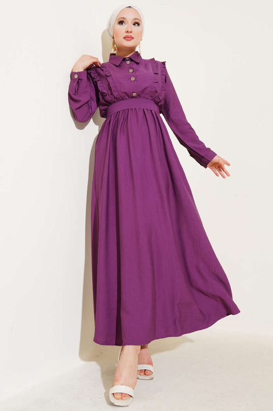 Önü Fırfır Detaylı Kuşaklı Elbise Magenta