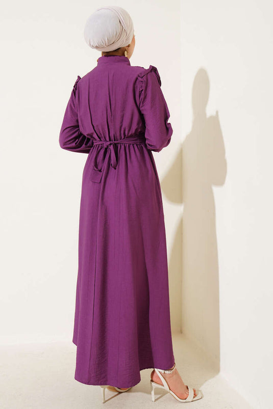 Önü Fırfır Detaylı Kuşaklı Elbise Magenta