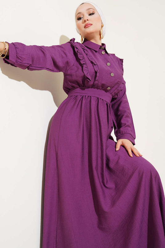 Önü Fırfır Detaylı Kuşaklı Elbise Magenta