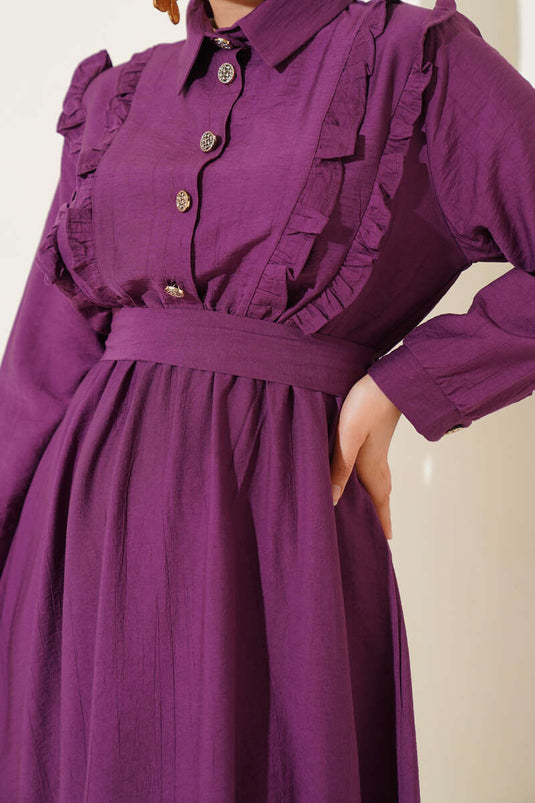 Önü Fırfır Detaylı Kuşaklı Elbise Magenta