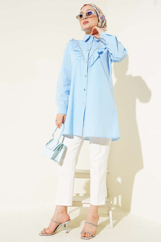 Önü Fırfır Taş Şerit Geçişli Düğmeli Gömlek Bebe Mavi