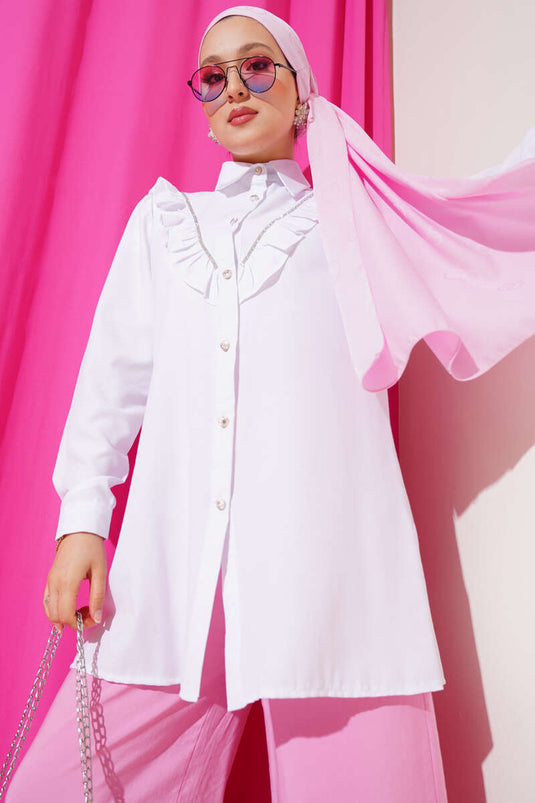 Chemise boutonnée transitionnelle à rayures et volants sur le devant, blanche