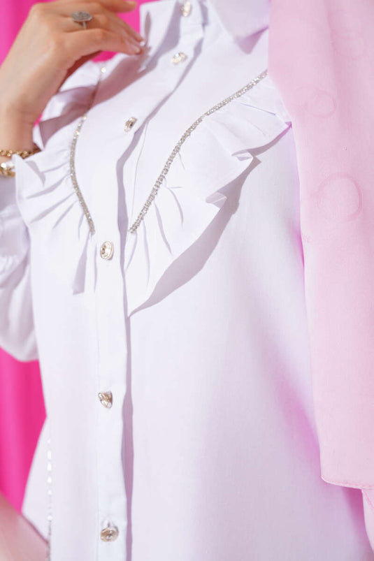 Chemise boutonnée transitionnelle à rayures et volants sur le devant, blanche