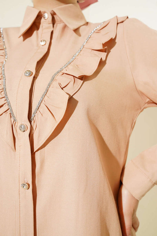 Front Ruffle Stone Stripe Transitional Buttoned Shirt Camel