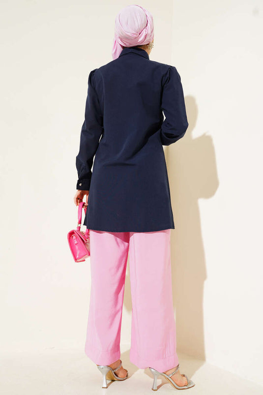 قميص انتقالي بأزرار مخططة بالحجارة من الأمام، أزرق داكن