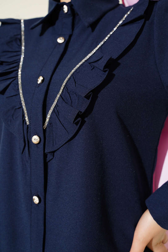 قميص انتقالي بأزرار مخططة بالحجارة من الأمام، أزرق داكن