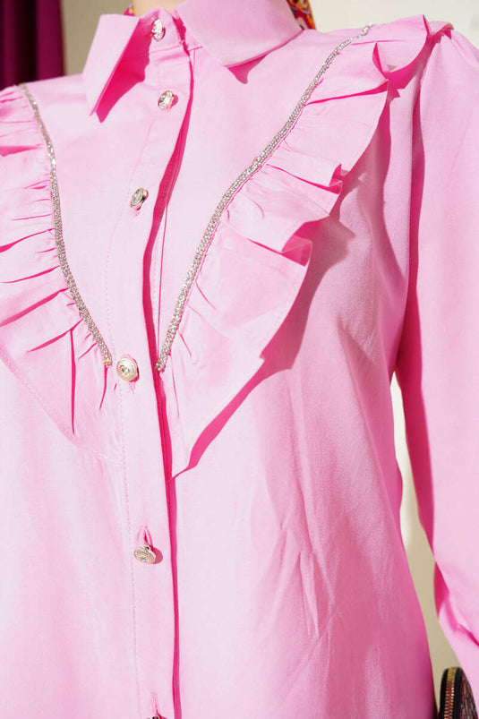 Front Ruffle Stone Stripe Transitional Buttoned Shirt Pink