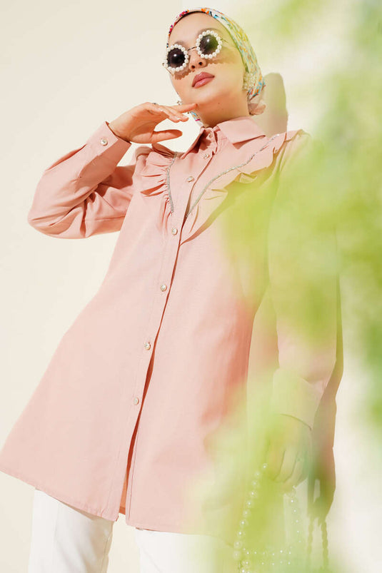 Önü Fırfır Taş Şerit Geçişli Düğmeli Gömlek Pudra