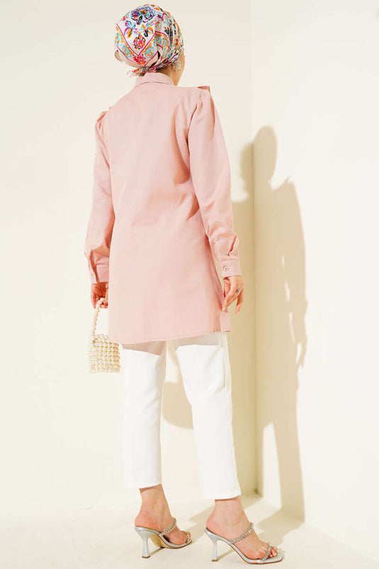 Önü Fırfır Taş Şerit Geçişli Düğmeli Gömlek Pudra