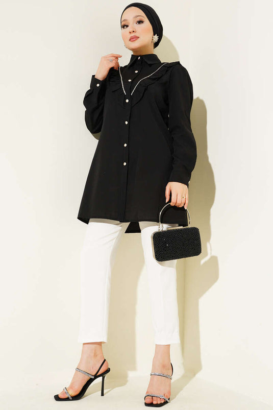 Chemise boutonnée transitionnelle à rayures et volants sur le devant, noire