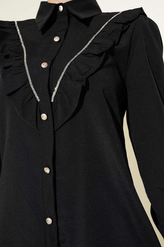 Chemise boutonnée transitionnelle à rayures et volants sur le devant, noire