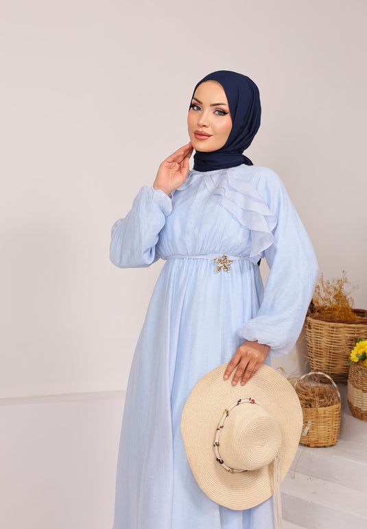 Vestido Modesto Con Volantes Y Detalle De Lazo En Azul Bebé