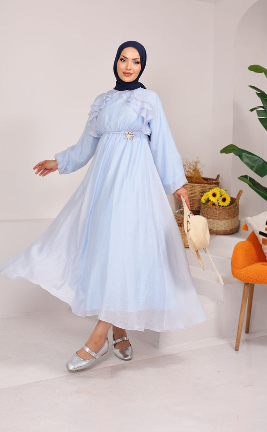 Vestido Modesto Con Volantes Y Detalle De Lazo En Azul Bebé