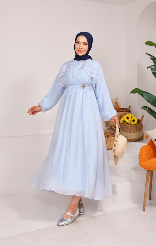 Vestido Modesto Con Volantes Y Detalle De Lazo En Azul Bebé
