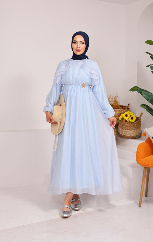 Vestido Modesto Con Volantes Y Detalle De Lazo En Azul Bebé