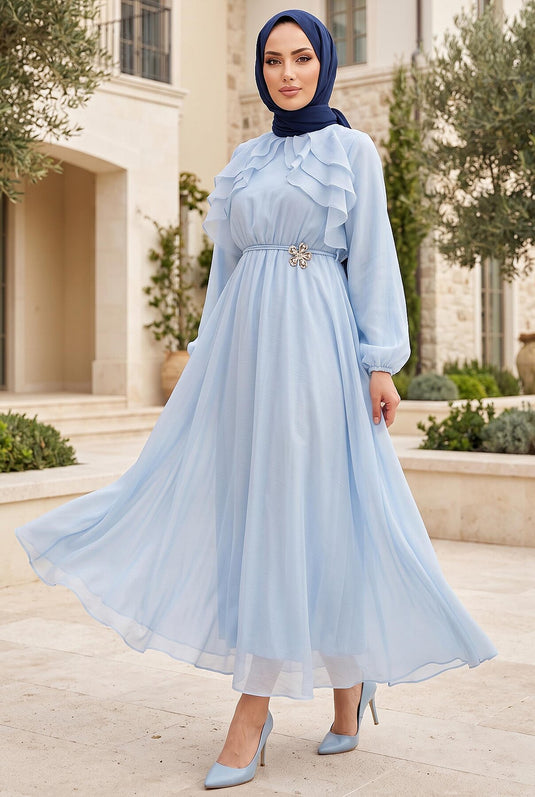 Vestido Modesto Con Volantes Y Detalle De Lazo En Azul Bebé