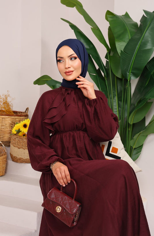 Önü Fırfırlı Bağcık Detaylı Tesettür Elbise Mürdüm