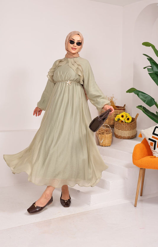 Modest Groene Olive Jurk Met Ruches En Strikdetail Aan De Voorzijde