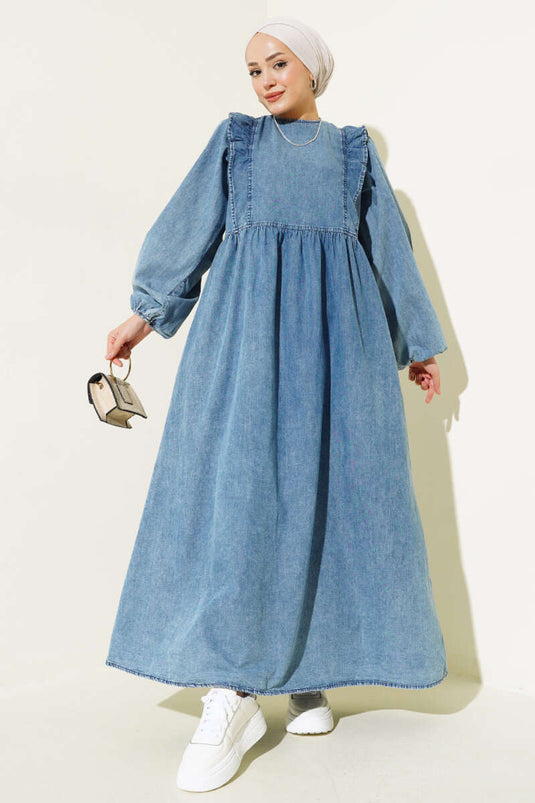 Robe en jean à volants sur le devant et manches ballon