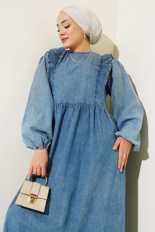 Robe en jean à volants sur le devant et manches ballon