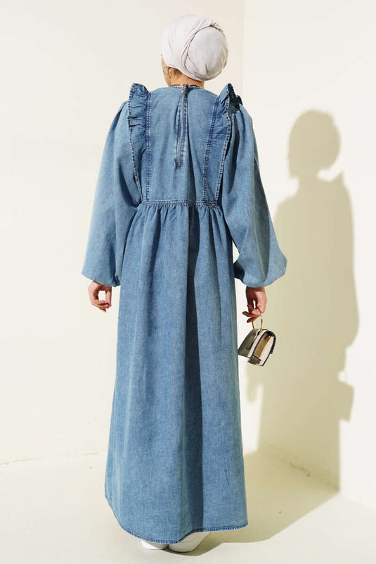 Robe en jean à volants sur le devant et manches ballon