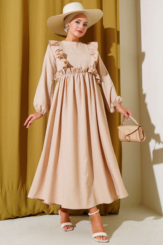 Dress with Ruffles on the Front and Elastic Waist, Beige