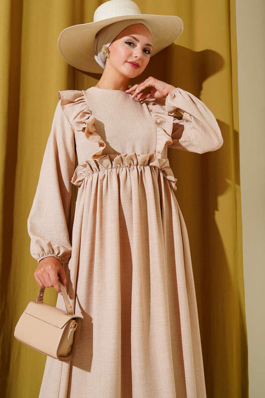 Dress with Ruffles on the Front and Elastic Waist, Beige