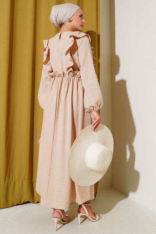 Dress with Ruffles on the Front and Elastic Waist, Beige