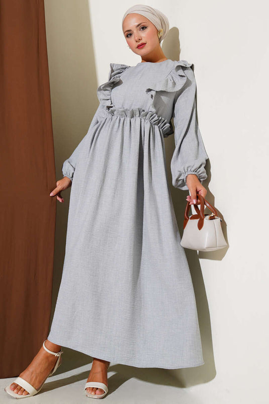 Dress with Ruffled Front and Elastic Waist, Gray