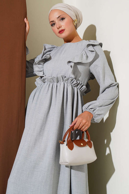 Dress with Ruffled Front and Elastic Waist, Gray