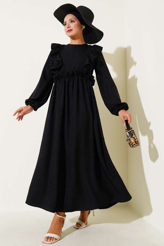 Dress with Ruffled Front and Elastic Waist Black
