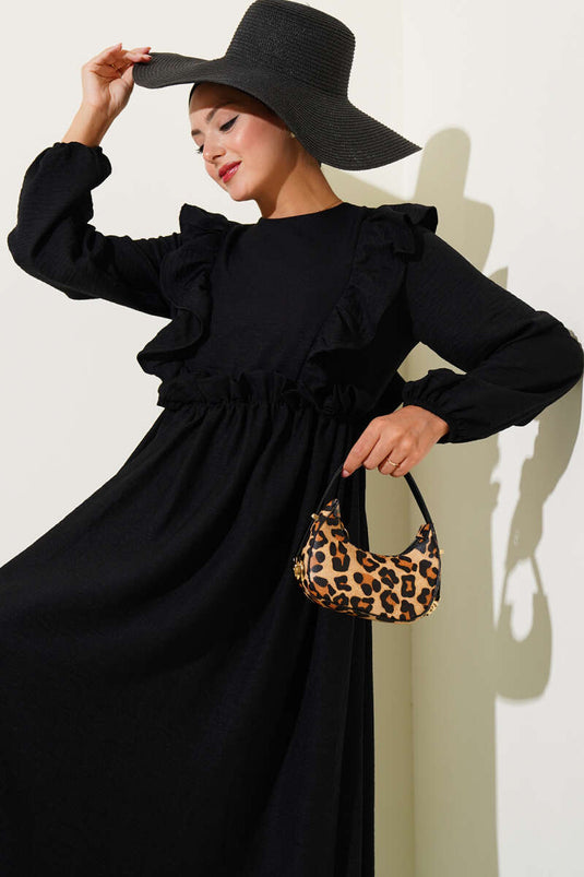 Dress with Ruffled Front and Elastic Waist Black