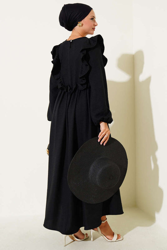 Dress with Ruffled Front and Elastic Waist Black