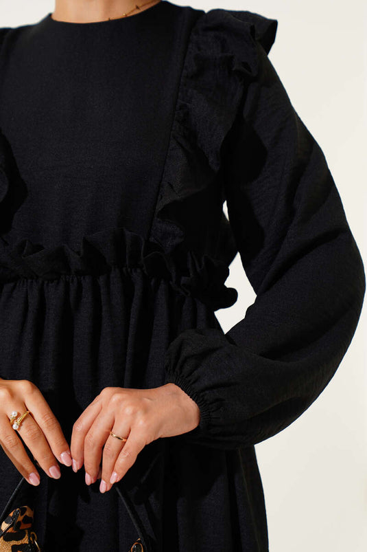 Dress with Ruffled Front and Elastic Waist Black