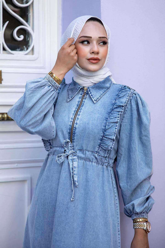 Önü Fırfırlı Beli Büzgülü Kot Elbise Mavi