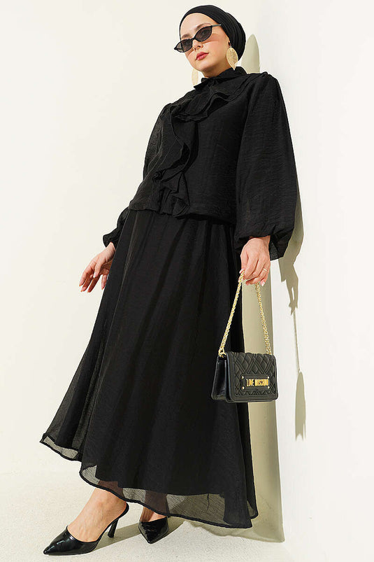 Two-Piece Set with Ruffled Front Blouse and Skirt, Black