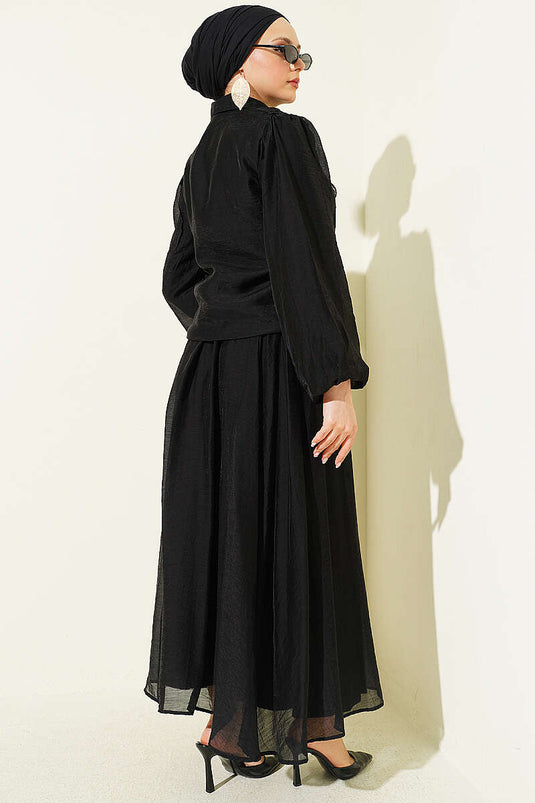 Two-Piece Set with Ruffled Front Blouse and Skirt, Black