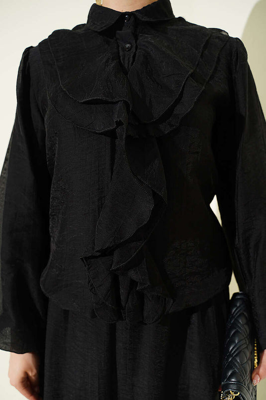 Two-Piece Set with Ruffled Front Blouse and Skirt, Black